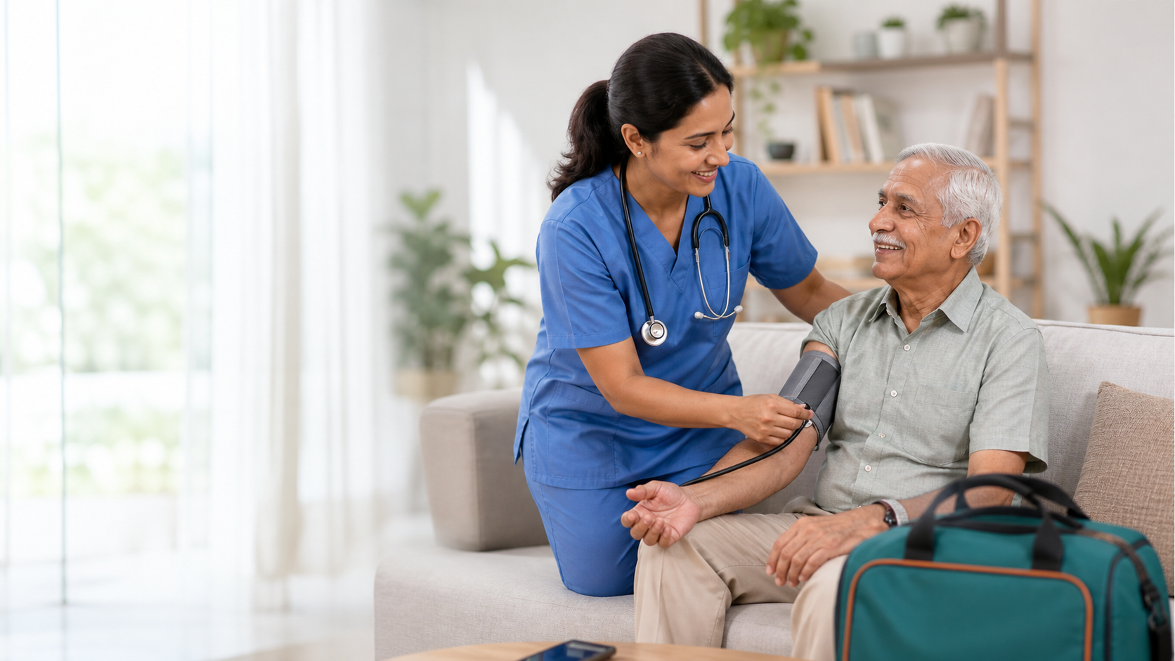 Nurse providing healthcare to an elderly patient at home